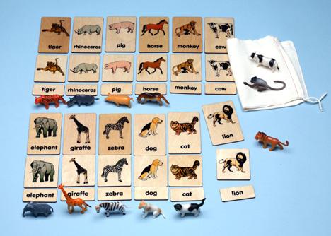 Match or Memory: Animals 3-Part Wood Tiles with Objects (C)