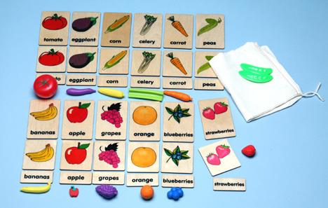 Match or Memory: Fruits & Veggies 3-Part Wood Tiles with Objects (C)
